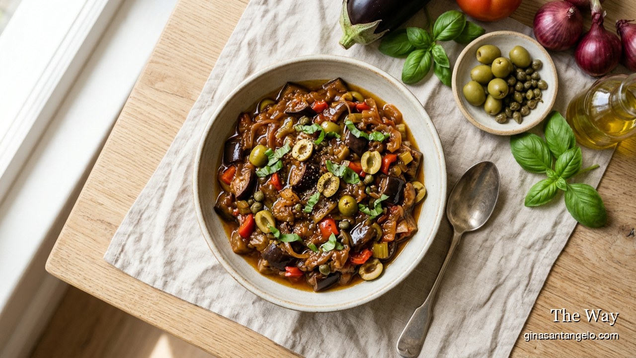 Sicilian caponata with eggplant, olives and capers in a bowl