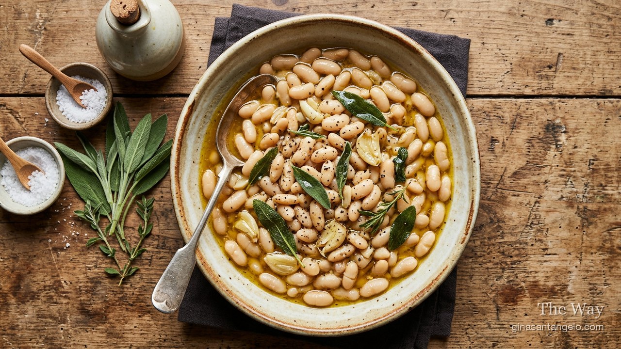 Tuscan white beans with sage and olive oil in a bowl