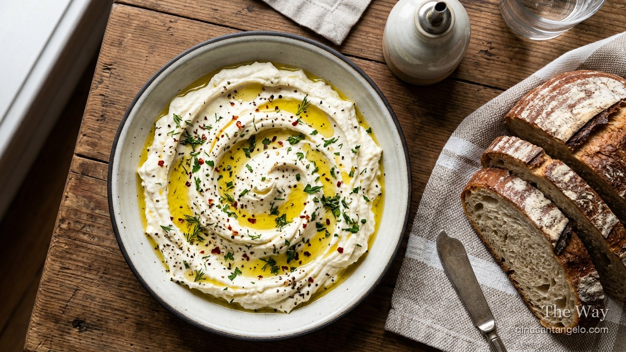 Whipped feta in a bowl drizzled with honey and olive oil
