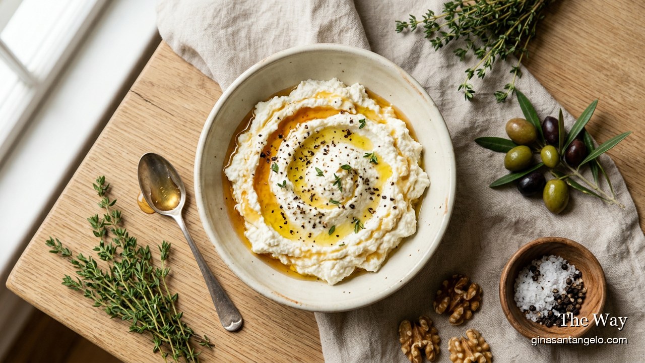Whipped ricotta in a shallow bowl drizzled with honey and olive oil